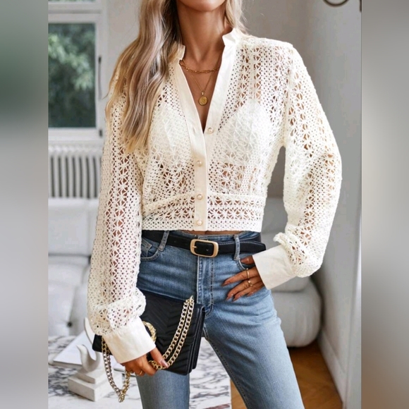 Boutique Tops - New Boho Sheer Lace Button Crop Top Cream Ivory Off White